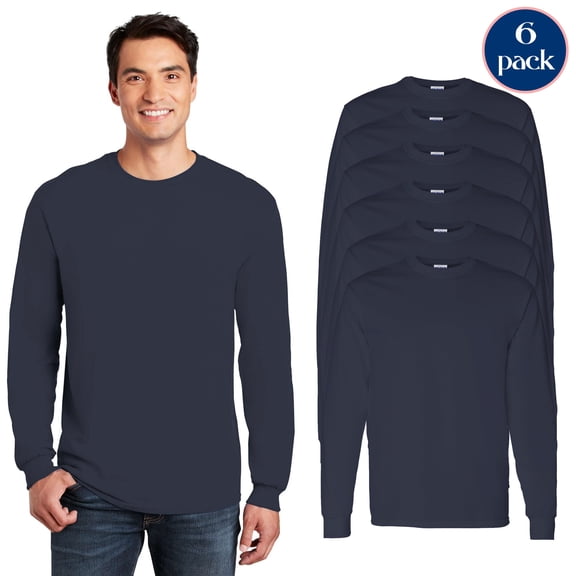 Gildan Men’s Heavy Cotton Long Sleeve Cotton T-Shirt, Durable and Comfortable Navy Tee, Multi Pack of 6, S