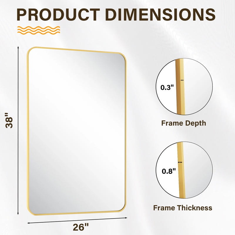Easy4Home 38"x26" Rectangular Bathroom Mirror Hanging Rounded Corners Vanity Mirror Wall Mounted, Gold