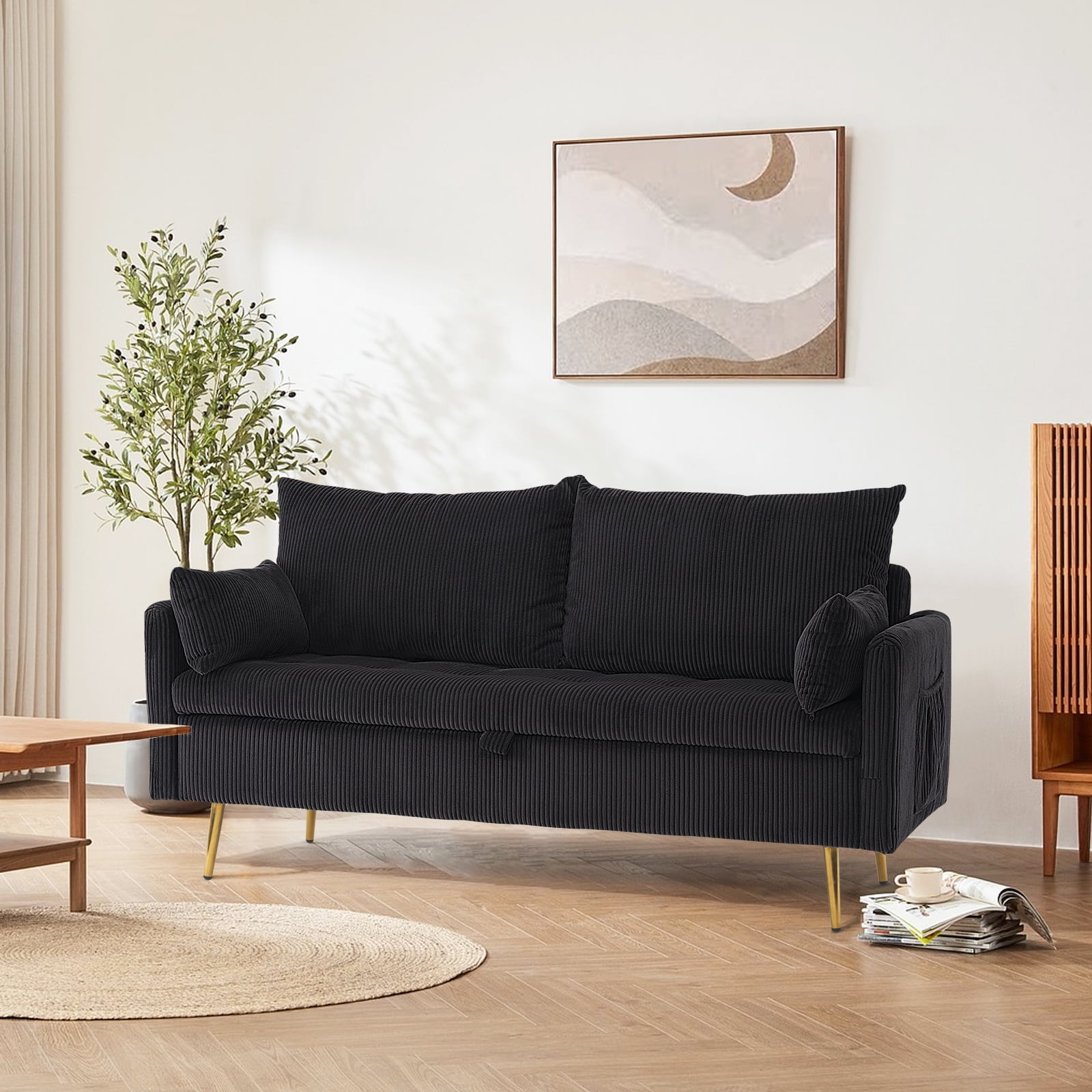 Furniliving Loveseat Sofa, Comfy Teddy Fleece Love Seat Couch, Sofas Couch with 2 Pillows for Small Space, Black