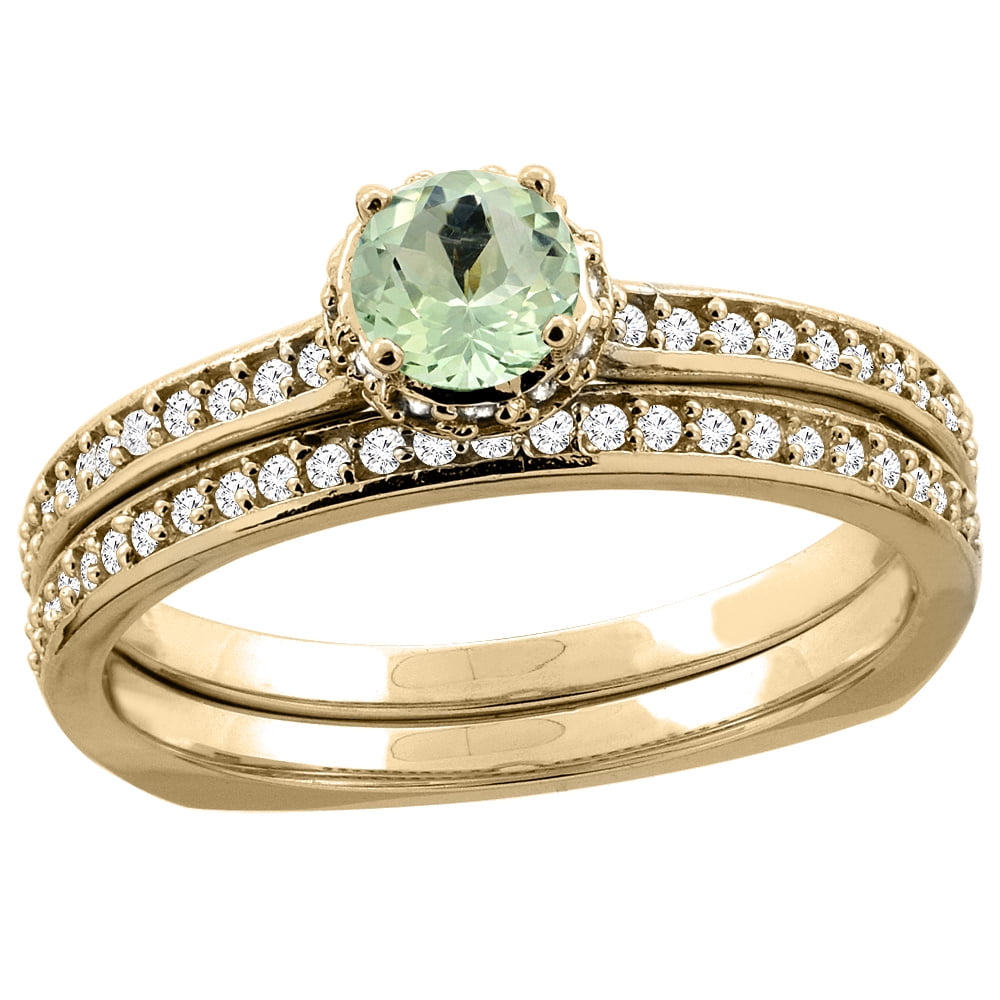 10K Yellow Gold Diamond Natural Green Amethyst 2-pc Bridal Ring Set Round 4mm, sizes 5 10 by WorldJewels
