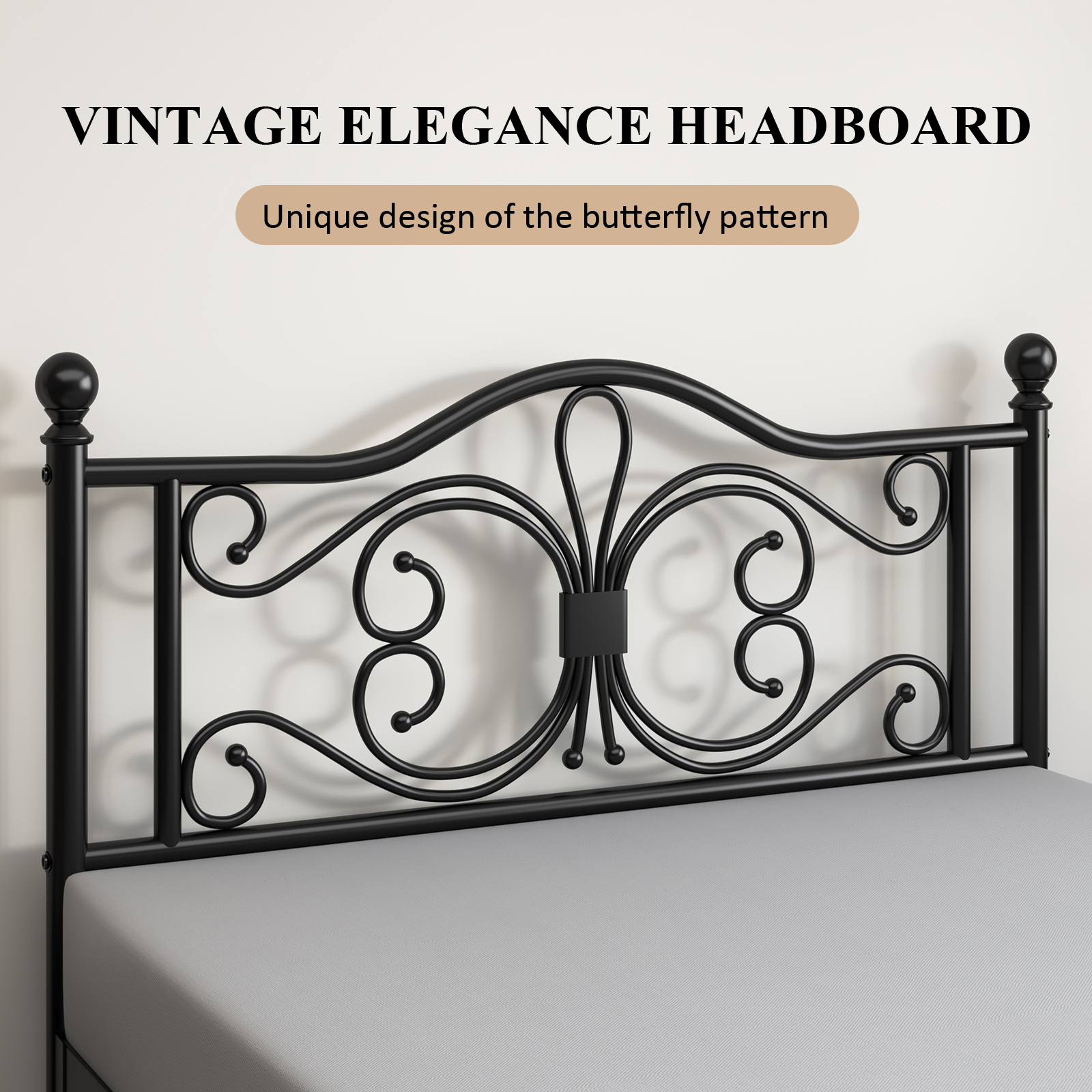 E-motie Metal Platform Bed Frame Queen Size with Butterfly Pattern Vintage Headboard & Footboard, Underbed Storage, Black