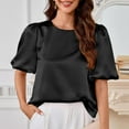 thumbnail image 2 of Womens Satin Silk Blouses Puff Short Sleeve Dressy Casual Tops Loose Fit Crew Neck Cropped Shirts, 2 of 5