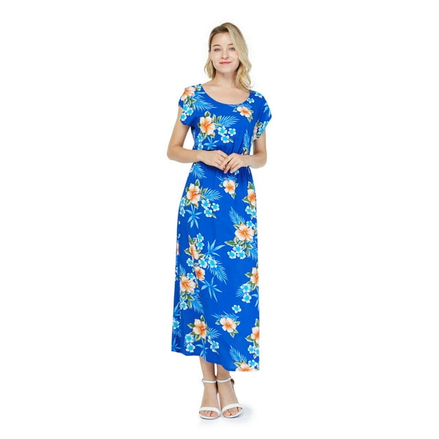 Robe Maxi Simple à Manches Courtes Hawaïenne pour Femmes 2TG Bleu Hibiscus