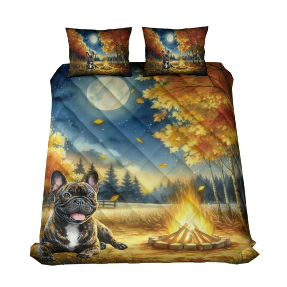 Hello Fall French Bulldog Enjoys Warm Campfire Autumn Night Bright Moon Quilt Bedding Set Dog Lover Gifts 1 Blanket Bed Cover 2 Pillowcases - 01008