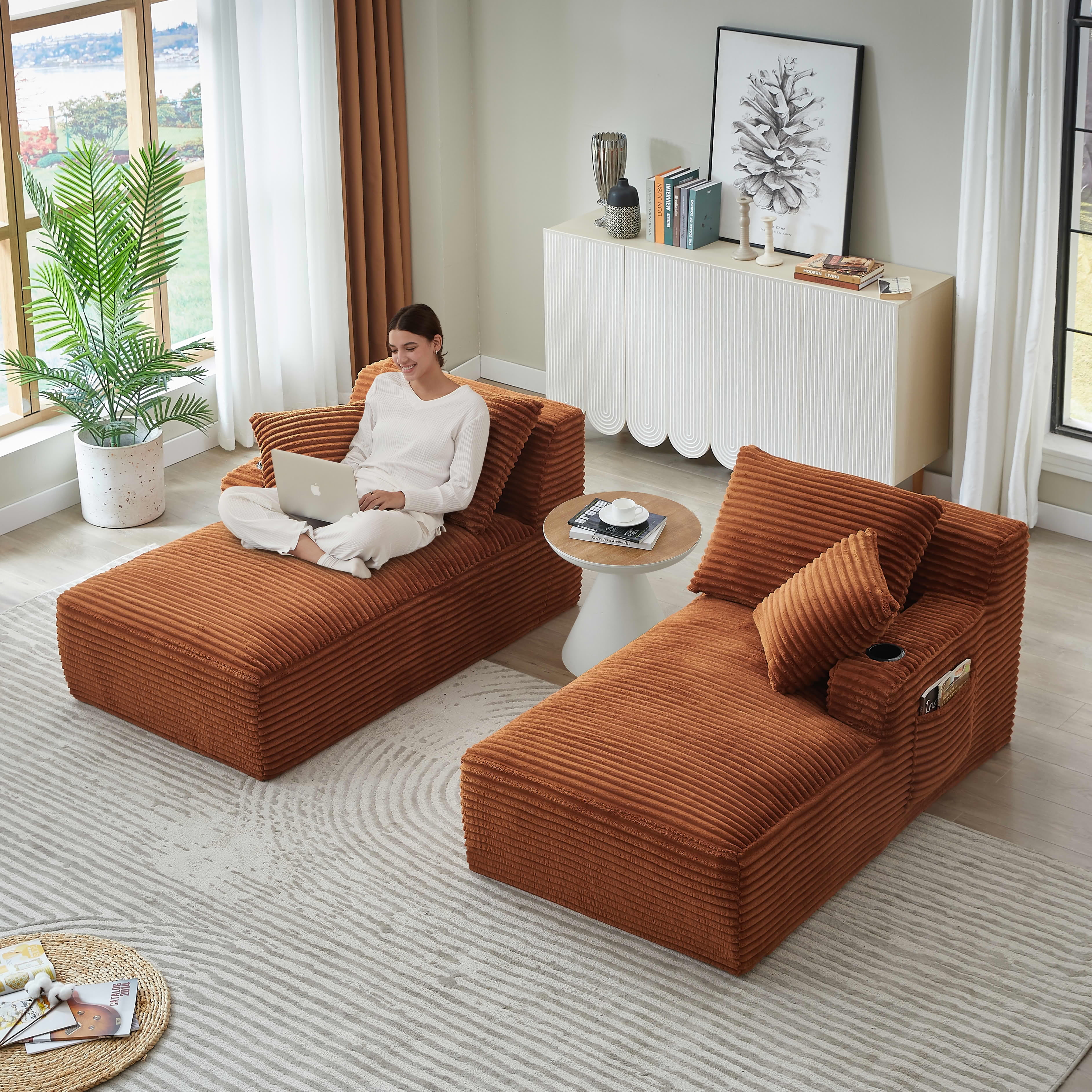MAYEERTY Corduroy Double Chaise Lounge Loveseat, Fluffy Sleeper with Cupholders for Apartments, Orange