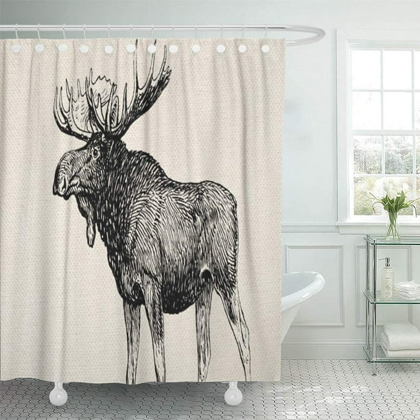 Suttom Monogram Rustic Moose Sketch And, Mountain Lodge Moose And Bear Shower Curtain
