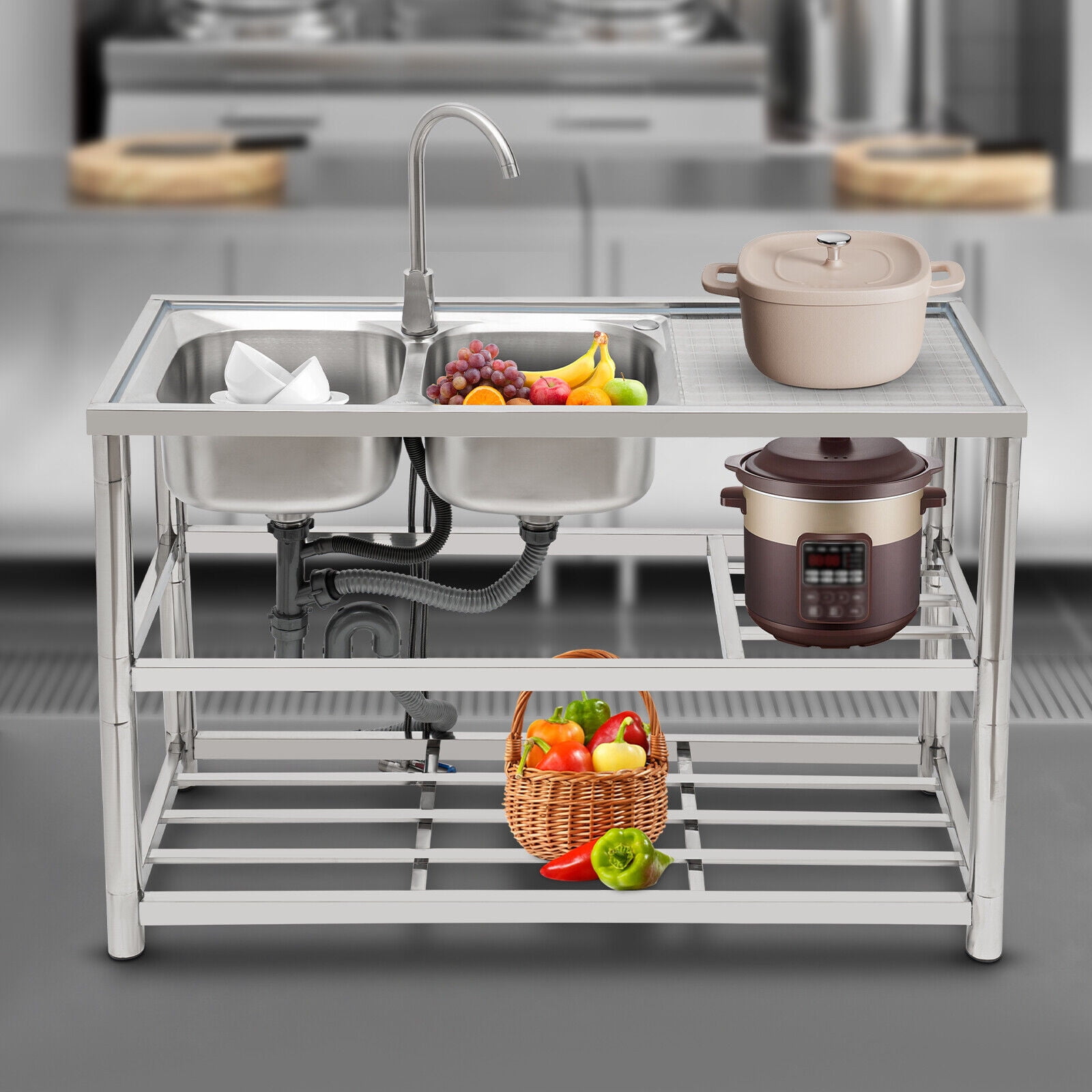 Double-Bowl Sink,Commercial Freestanding Kitchen Sink Stainless Steel Utility Sink ,2*Water Inlet Pipes
