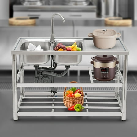Miumaeov 2 Compartments Commercial Freestanding Kitchen Sink Stainless Steel Utility Sink