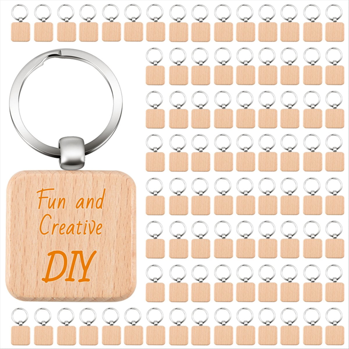 100Pcs DIY Blank Wooden Key Chain Square Carved Key Ring Wooden Key Ring About 40 x 40 mm,100 x Wooden Key Chain,Wood color & silver