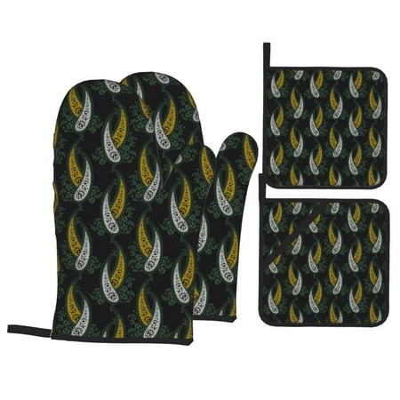 

Oven Mitts and Pot Holders Sets 4 pcs Yellow White Green Paisley Non-Slip Oven Gloves Potholders Soft Quilted Lining Heat Resistant Gloves Hot Pads for Kitchen Cooking Baking