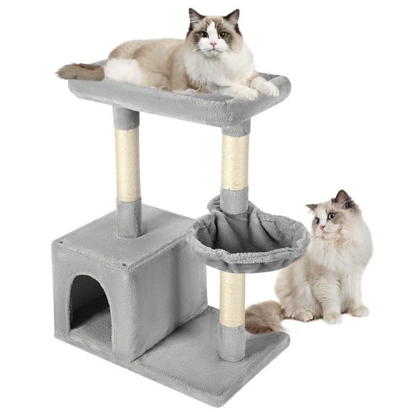 32 Inch Cat Tree with Sisal-Covered Scratching Posts and 1 Plush Condos Cat Condo Furniture for Kittens, Light Gray