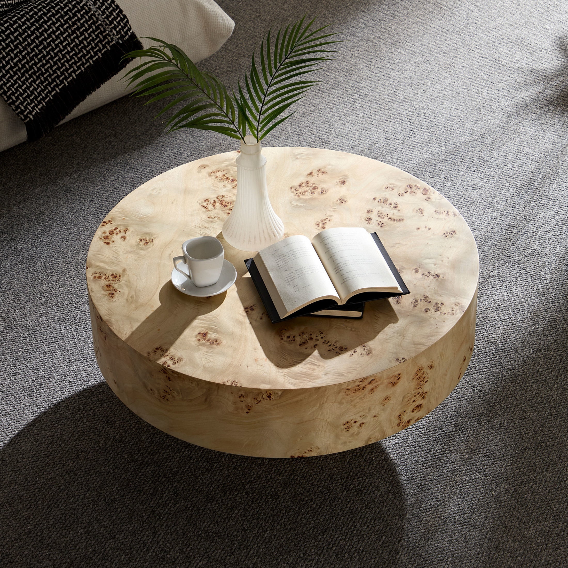 Noble House 31.49" Round Coffee Table, Burl Wood Veneer, Sturdy Drum Pedestal, Mid-Century Accent, Natural