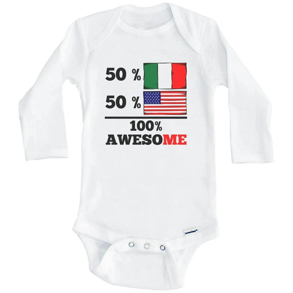 50% Italian 50% American 100% Awesome Funny Italy Flag One Piece Baby Bodysuit (Long Sleeve), 3-6 Months White