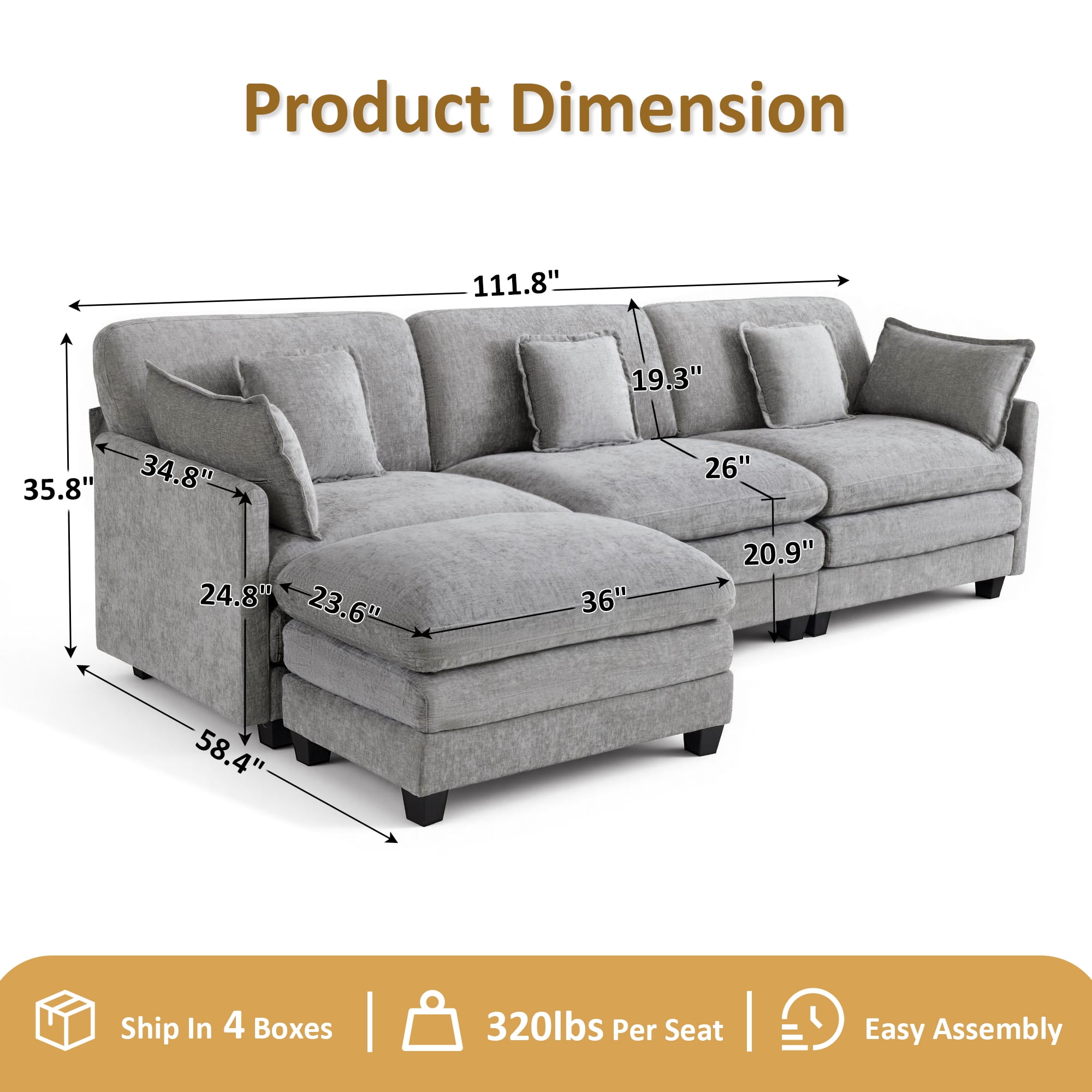 MCombo 111.8'' Modular Sectional Sofa Couch with Chaise Ottoman for Living Room, L Shaped Sofa, FSC Certified, Grey