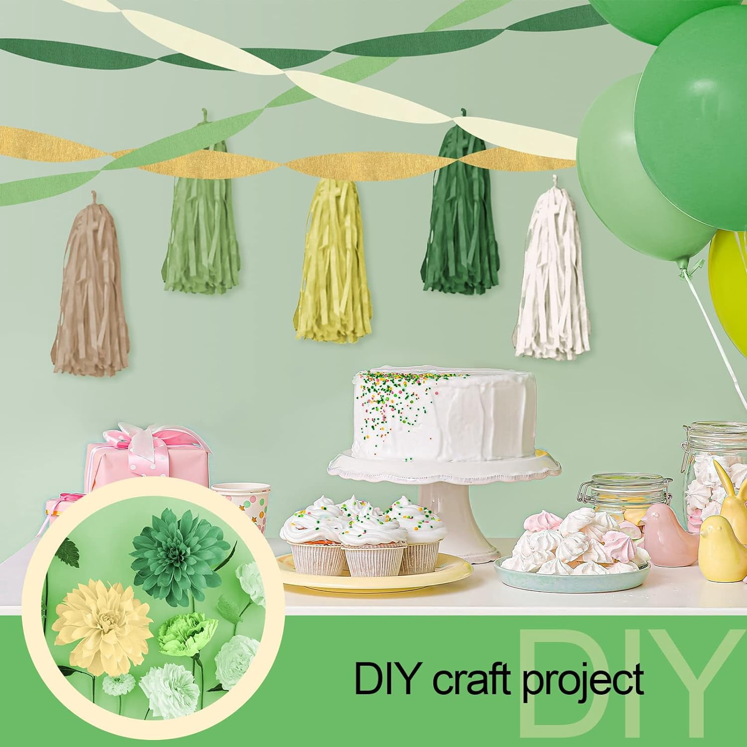 10 Rolls Crepe Paper Streamers 820ft, 5 Colors Green Sage Streamers Gold White and Brown Crepe Paper Streamer Baby Shower Decoration for Jungle Woodland Boho Wedding Birthday Party Supplies