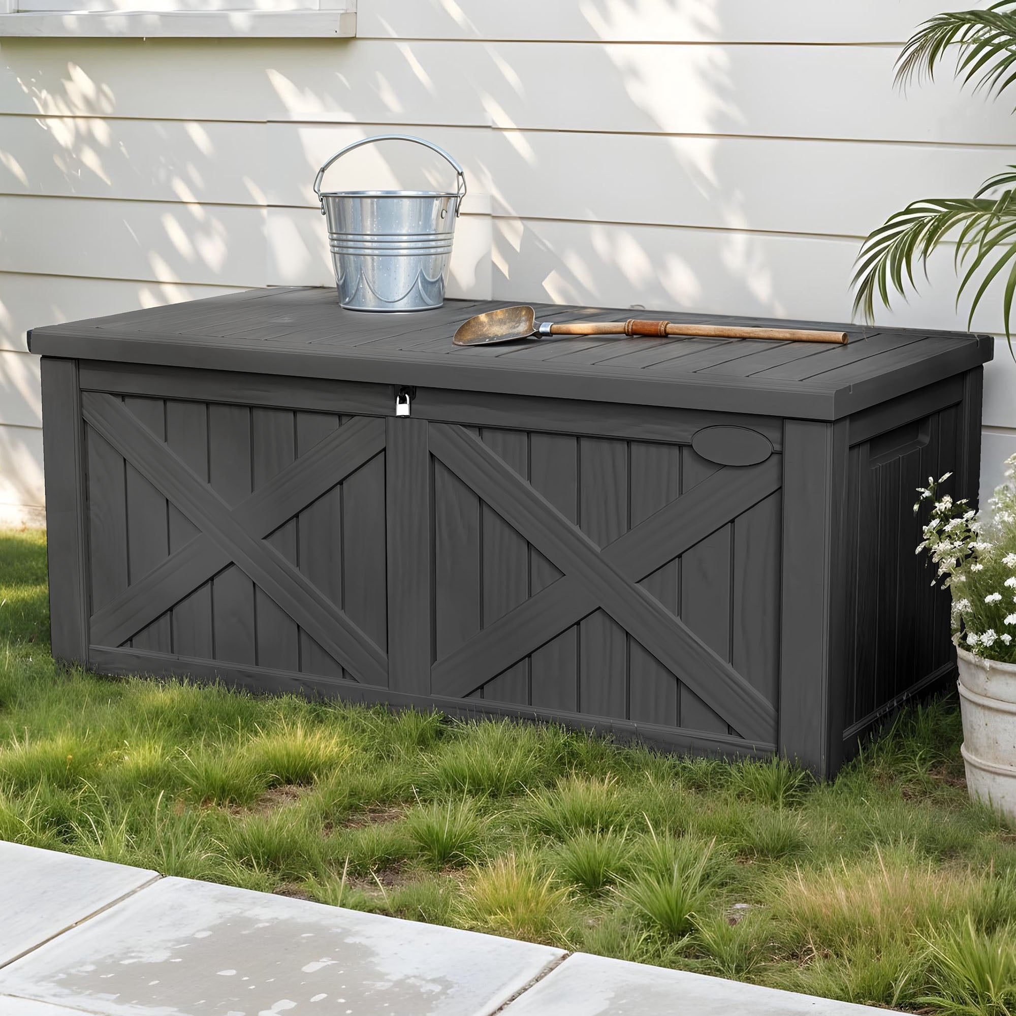 Uforic 120 Gallon Large Outdoor Deck Box, Outdoor Resin Storage Boxes  with X-Shaped Front ,Waterproof & Lockable,Dark Gray