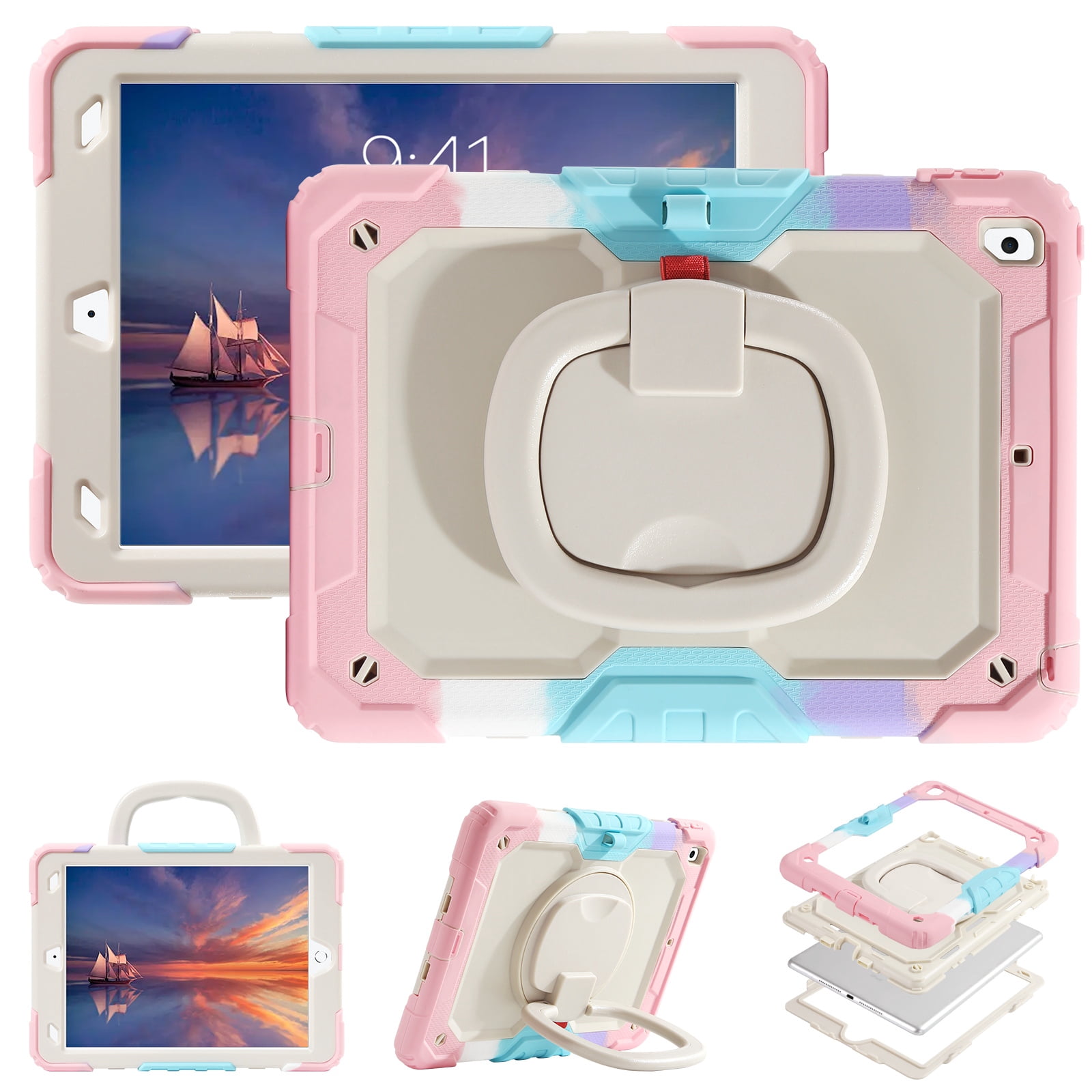 DOMAVER Case for iPad 9th/8th/7th Generation (iPad 10.2 inch, 2021/2020/2019), Heavy Duty Rugged Cover for Kids with Screen Protector, Pencil Holder, Rotating Stand/Handle, Rainbow Pink