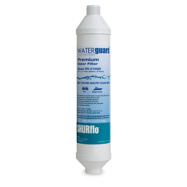 SHURflo Fresh Water Filter RV-210GH-KDF-A Waterguard; Fits 3/4 Inch Garden Hose Ports; 11 Inch In-line Filter; KDF-55 And Carbon Filter Media