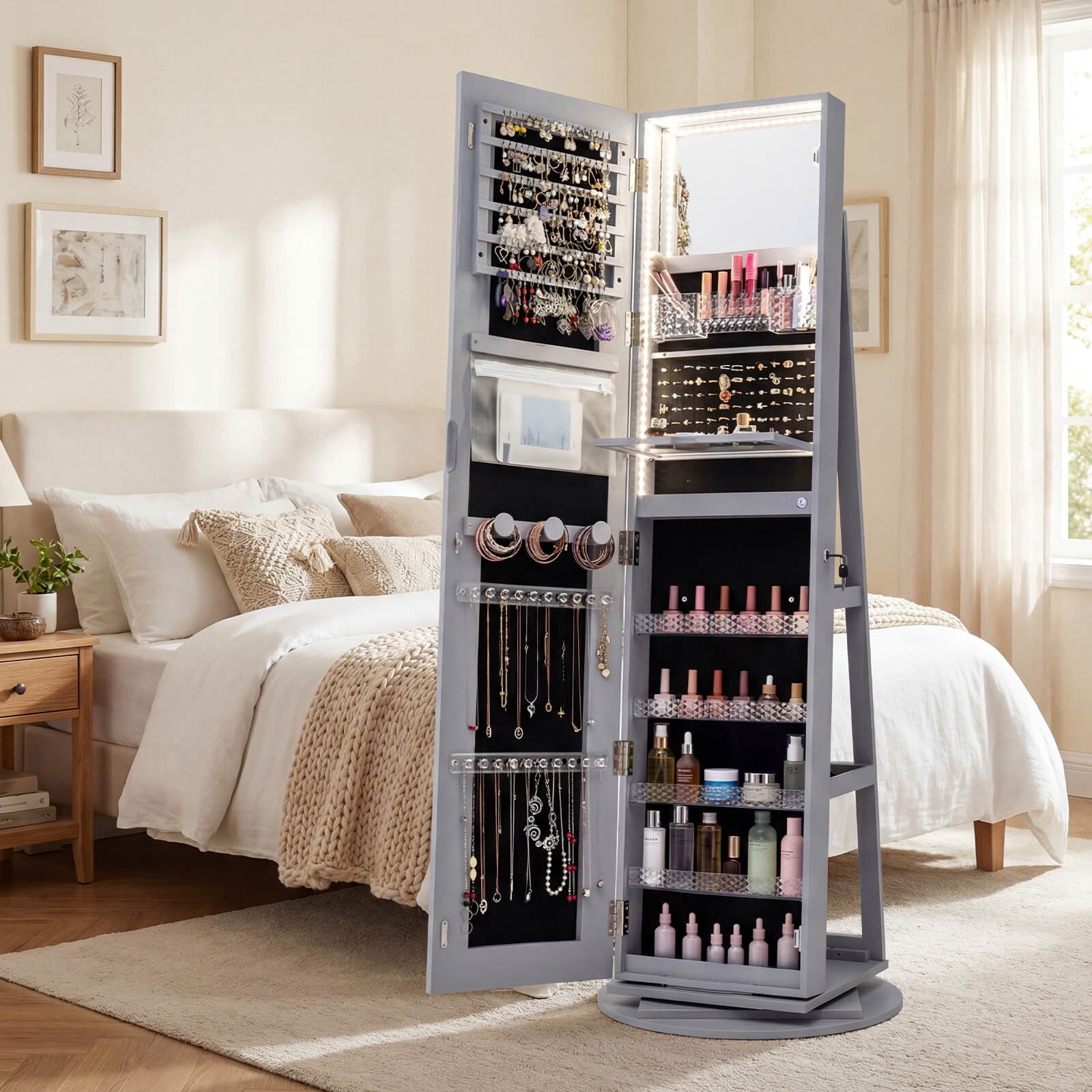 Costway 360° Swivel Jewelry Cabinet with LED Lights, Full-Length Mirror & Makeup Mirror Gray