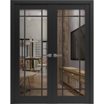 Solid French Double Doors 36 x 84 inches | Lucia 2266 Matte Black Clear Glass | Wood Solid Panel Frame Trims | Closet Bedroom Sturdy Doors