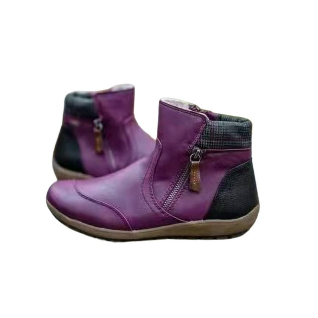 UKAP Ladies Ankle Boot Side Zip Flat Boots Retro Booties Street Short Bootie Slip Resistant Winter Shoes Purple 5.5