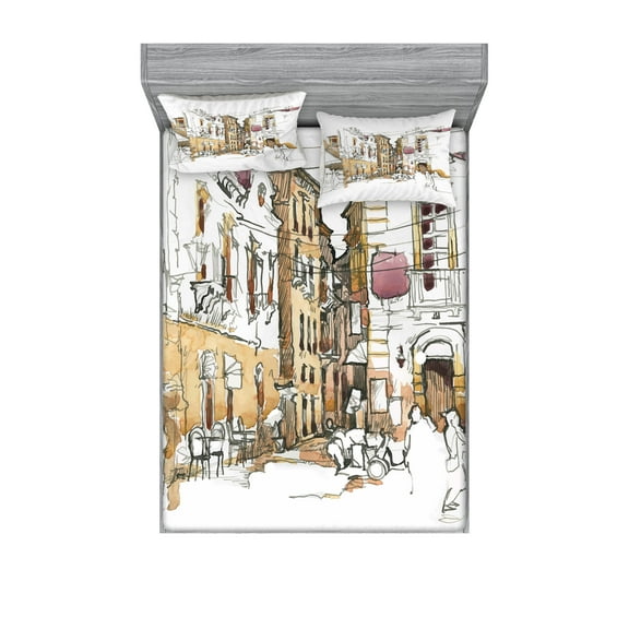 Ambesonne Modern Fitted Sheet & Pillow Sham Set, Sketchy Street Art View, Full, Multicolor