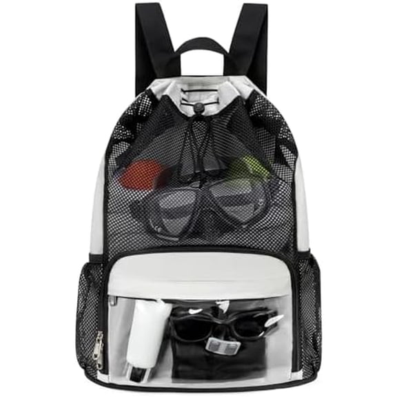 Drawstring Backpack Sandproof Beach Backpack with Shoe Compartment & Wet Pocket Waterproof Mesh Swim Bag Pool Bag for Gym, Travel and Workout Gear (Beige)