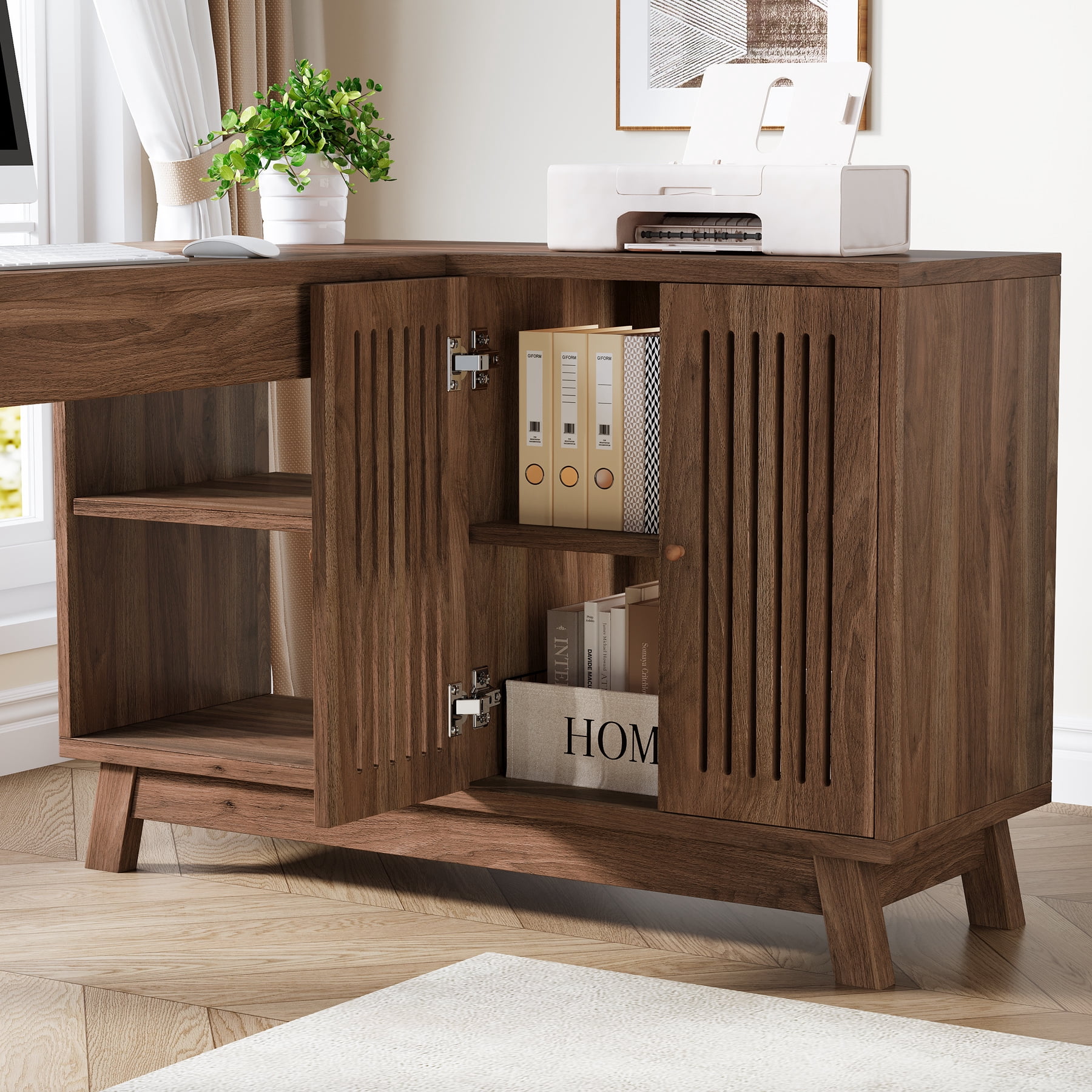 Tribesigns 57-Inch Wood L-Shaped Corner Computer Desk for Home Office, Walnut
