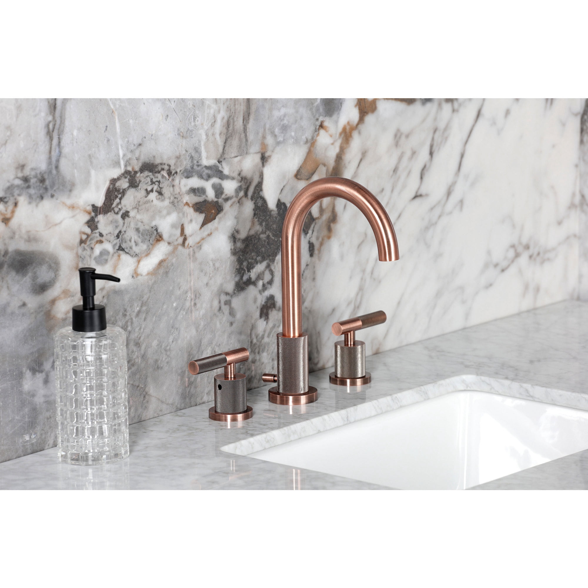 Kingston Brass FSC892KNLAC Convergent Two-Handle 3-Hole Deck Mount Widespread Bathroom Faucet with Knurled Handle and Brass Pop-Up in Antique Copper