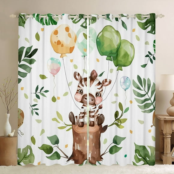 YST Kids Zebra Blackout Curtains For Boys Girls Room 42"Wx84"L Wild Safari Animal Window Curtains Watercolor Palm Banana Leaves Jungle Curtains & Drapes Wildlife Plant Curtains 2 Panels