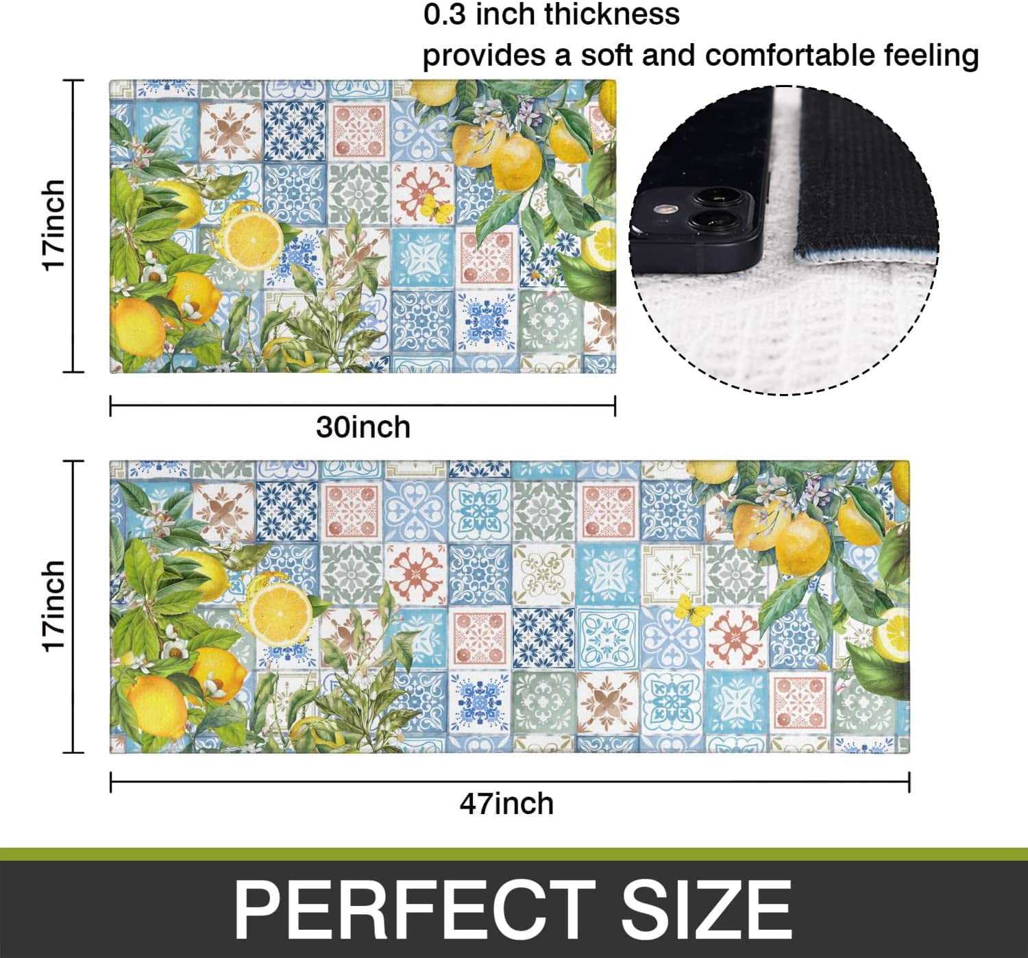 Lemon Kitchen Mat Set of 2,Boho Lemon Kitchen Rugs and Mats Non Skid Washable,Bohemian Kitchen Runner Rugs with Rubber Backing (17"x48"+17"x30")