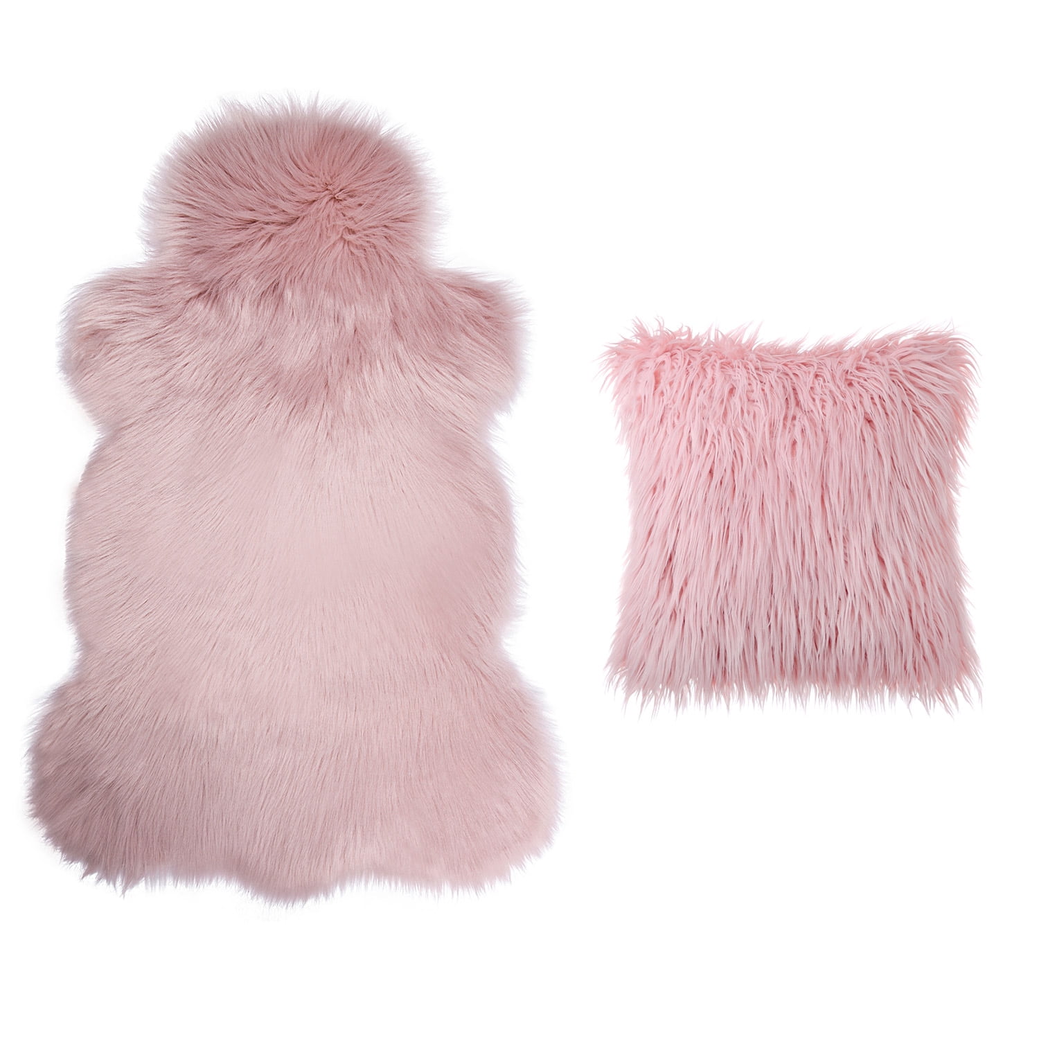 Phantoscope Designer's Choice Faux Fur Decorative Throw Pillow + Area Rug Bundle, 18" x 18"/ 2' x 3', Pink, 1 Pillow + 1 Rug