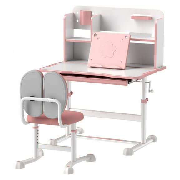 Kids Desk and Chair Set Height Adjustable with Tilt Top, Storage Drawer & Reading Rack - Pink Student Study Table