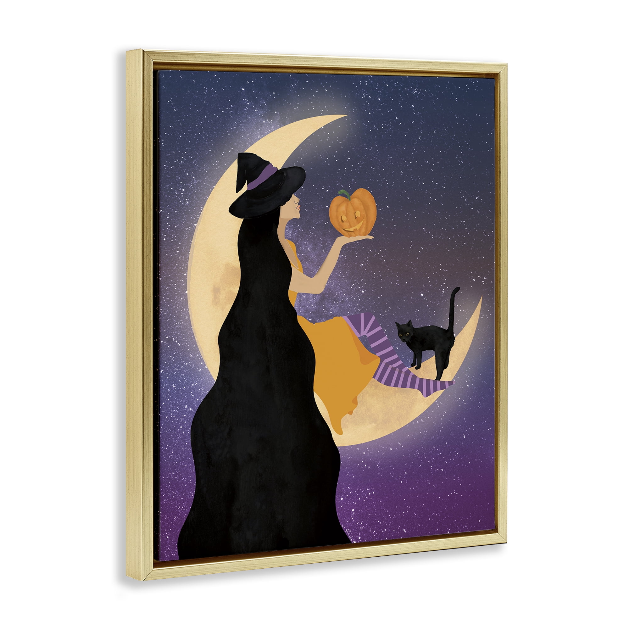 Stupell Industries Moonlit Witch Holding Jack-o-Lantern Gold Framed Floater Canvas Wall Art, design by Daniela Santiago