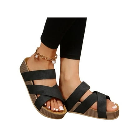 

Daeful Women Platform Sandal Slip On Slides Summer Sandals Indoor Outdoor Non-Slip Lightweight Cross Strap Casual Shoes Black 6.5