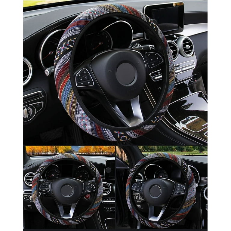 Car Steering Wheel Cover Universal Fit 15 inch Ethnic Style Coarse Flax Cloth Sterring Wheel Protection Cover