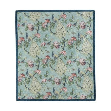 Benjara BM294311 60 in. Butterflies & Songbirds & Microfiber Eden Throw Blanket, Green & Blue