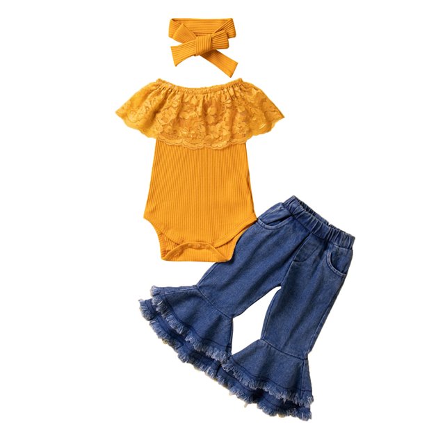 Felwors Infant Baby Girls Ruffle Sleeveless Solid Ribbed Romper Tops Cute Bell Bottomed Denim Pants With Headbands 3PCS Set Outfits