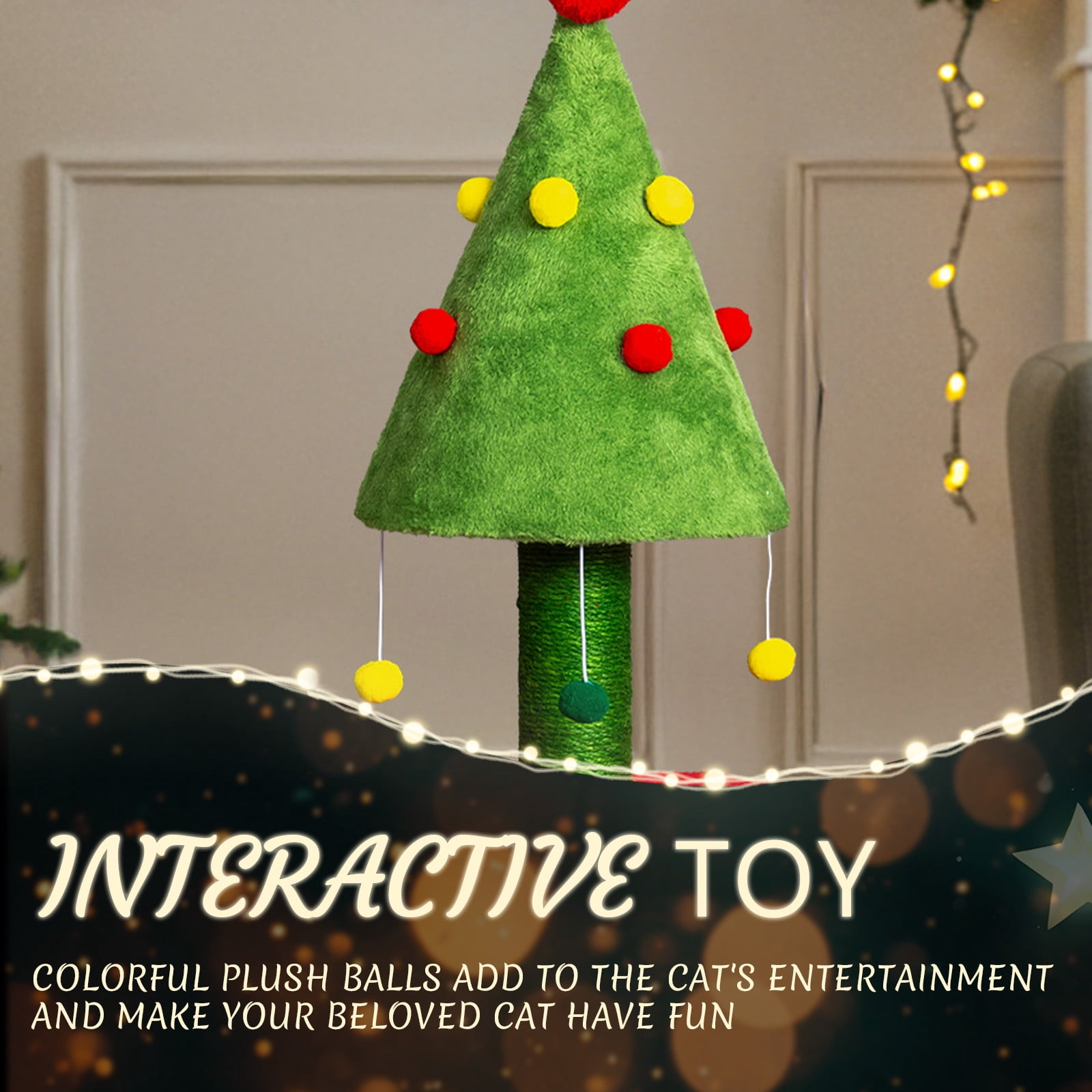 Ktaxon 30'' Christmas Cat Scratching Post with House, Sisal Tower & Hanging Balls for Indoor Kittens, Red & Green