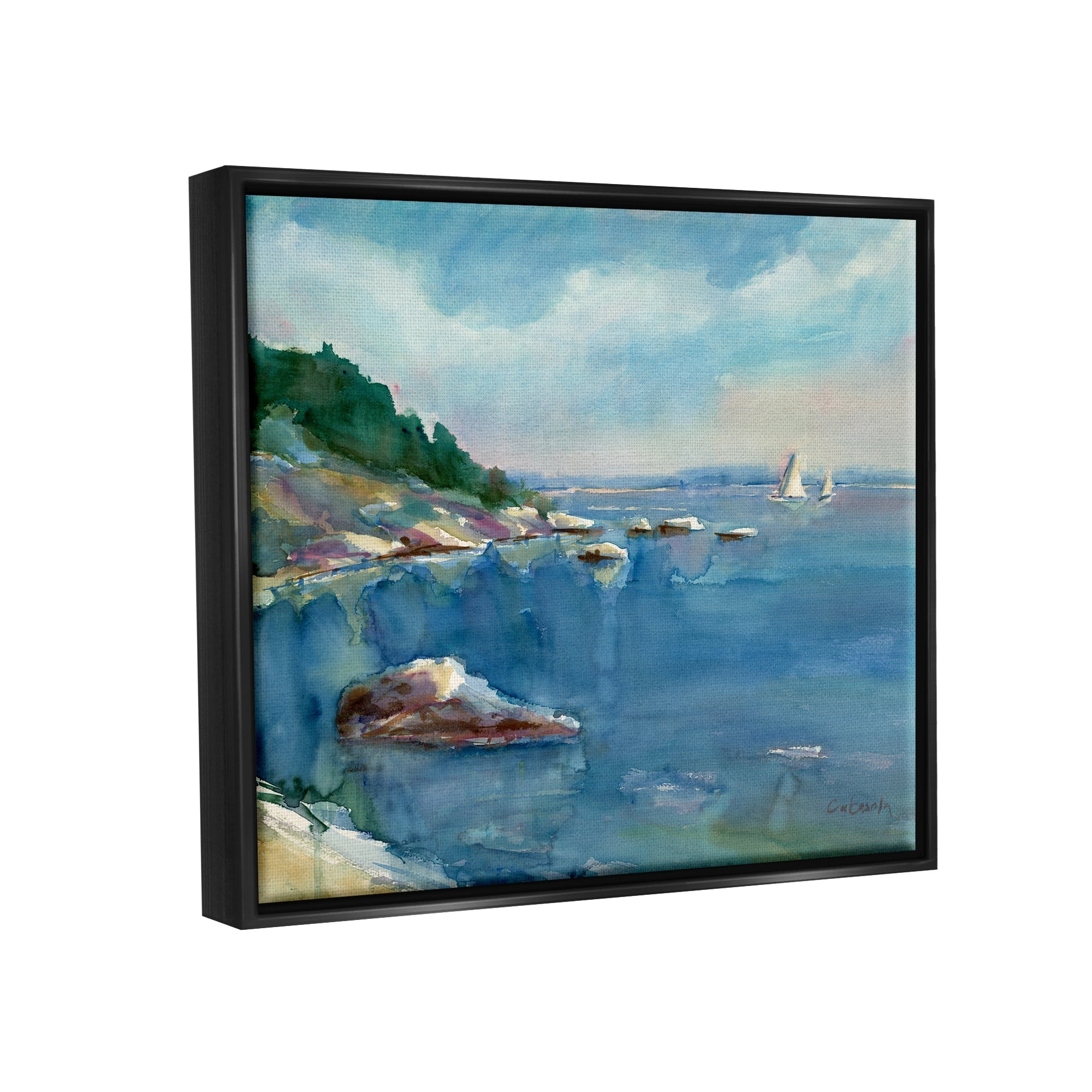 Stupell Industries Boats Floating Rocky Beach Cliffs Watercolor Detail Painting Metallic Gold Floating Framed Canvas Print Wall Art, Design by Stephen Calcasola