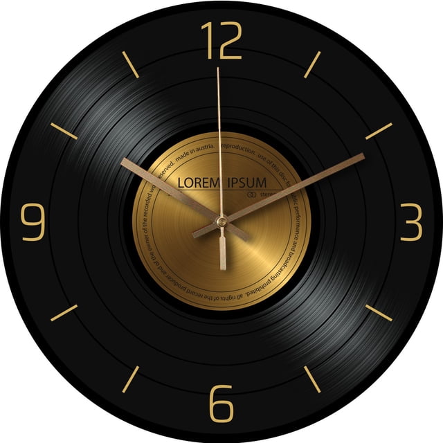 Reloj de pared retro con diseño de disco de vinilo de 30 cm, negro y dorado