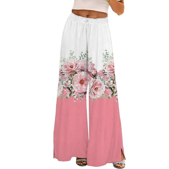 YUANGUANST Women's Wide Leg Pants Womens Wide Leg Palazzo Pants Boho Floral 2025 Summer Beach Culottes Flowy Casual Trousers For Vacation Office Slacks