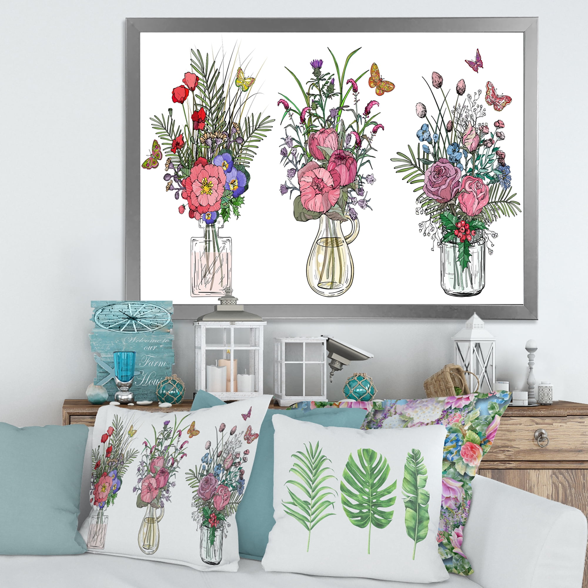 Designart 'Transparent Vases With Bouquets of Wildflowers II' Farmhouse Framed Art Print