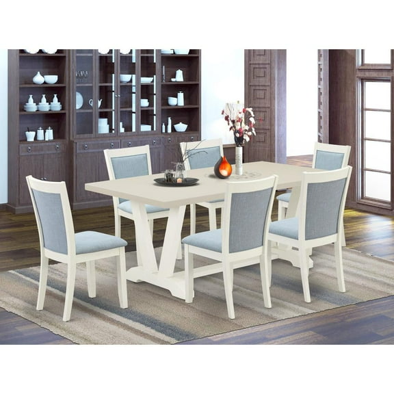 East West Furniture V-Style 7-Piece Asian Wood Dining Set in Baby Blue/White