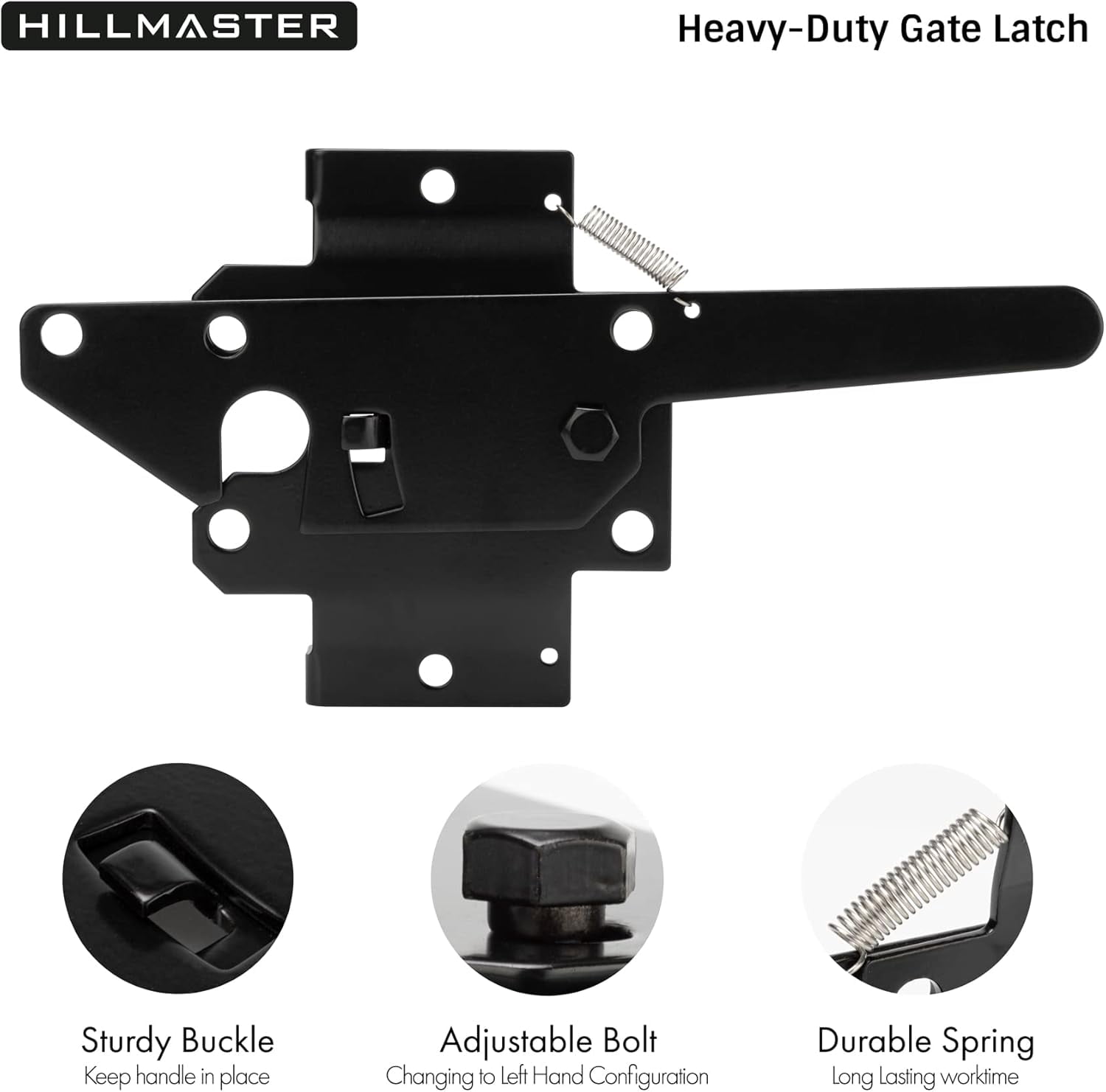 HILLM ER Heavy Duty Self-Locking Gate Latch for Wooden Fence, Post Mount Automatic Gate Lock Gravity Door Latch Hardware for Secure Pool, Outdoor Garden, Metal Gates Vinyl Fences, Black Finish