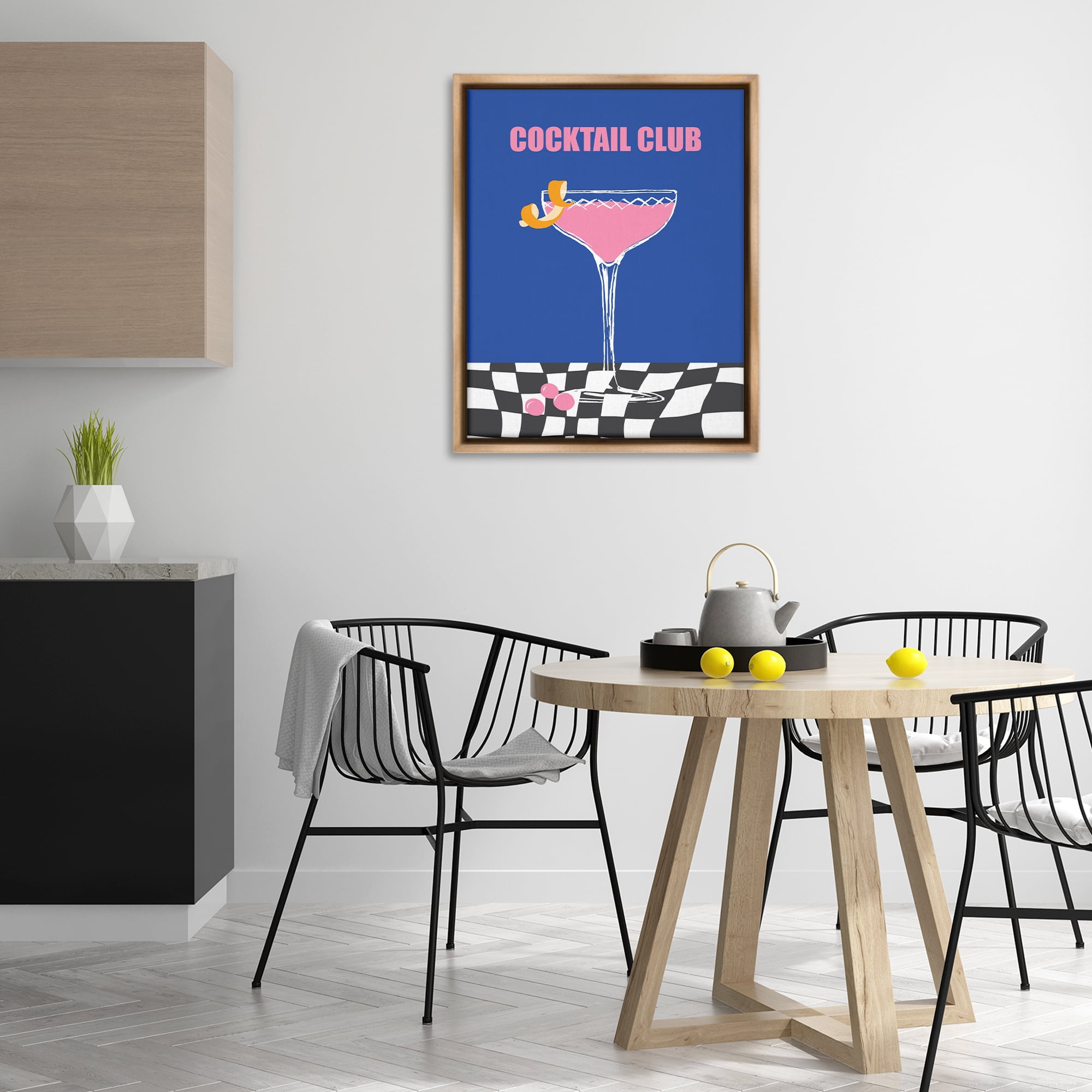 Stupell Industries Cocktail Club on Checkered Food & Beverage Painting Brown Floater Framed Canvas Art Print Wall Art, 25 x 31