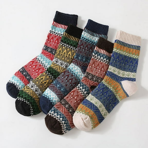 5 Pairs Mens Warm Wool Socks, Thermal Winter Thick Crew Pattern Socks Cold Weather