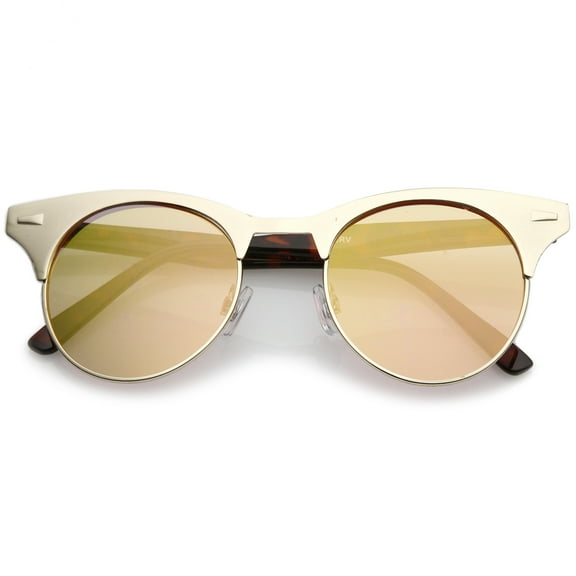 sunglassLA Female Women's Matte Finish Horn Rimmed Round Flat Mirror Lens Cat Eye Sunglasses 49mm (Gold-Tortoise / Pink Mirror) - 49mm