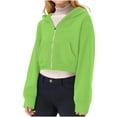 thumbnail image 4 of Ecqkame Girls Crop Sweatshirts Casual Solid Color Short Style Jackets Hooded Long Sleeved Sweatshirt with Pockets for Teens Green 7 Year, 4 of 7
