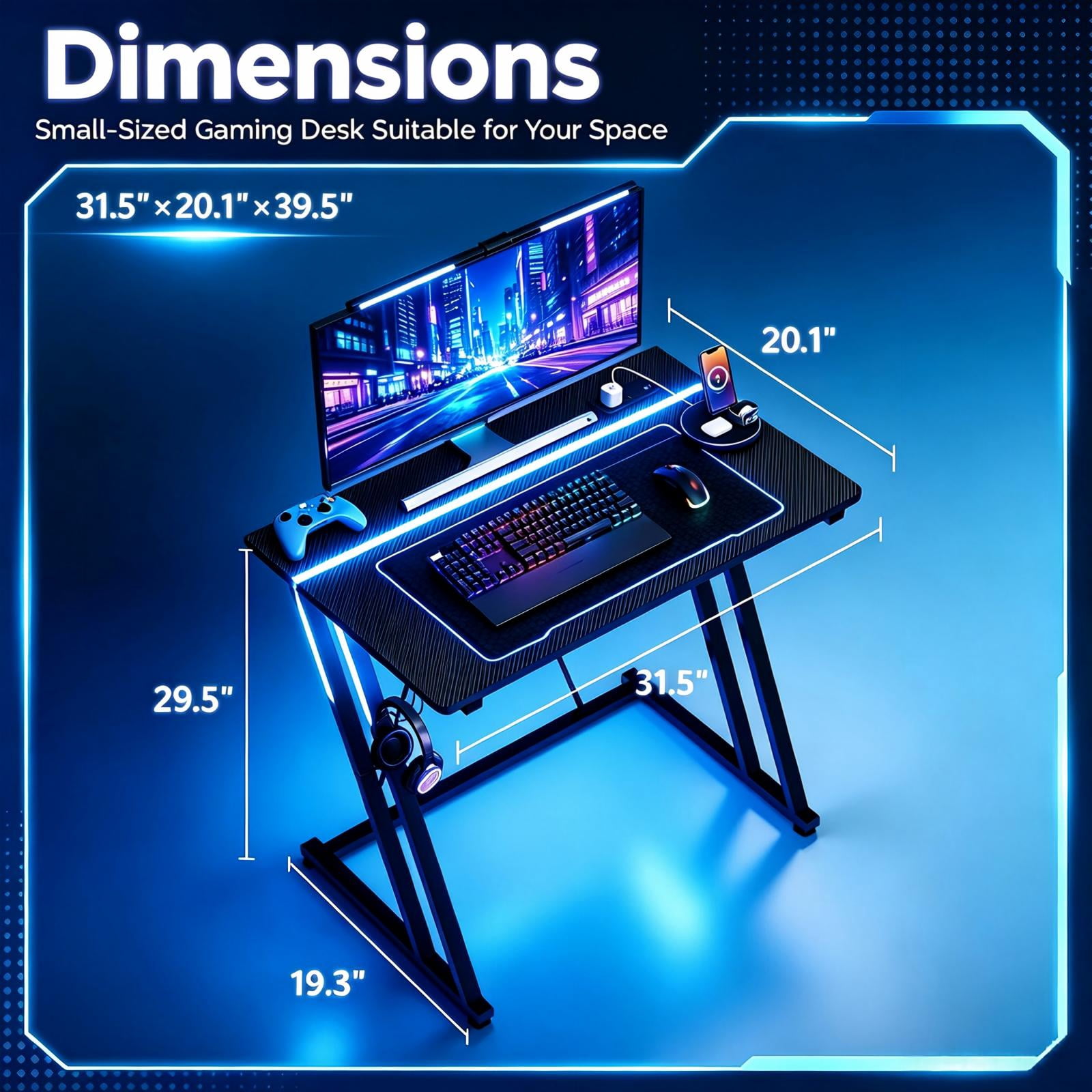 31.5" Z-Shaped Gaming Desk with Carbon Fiber Texture and Recessed LED Light, Black